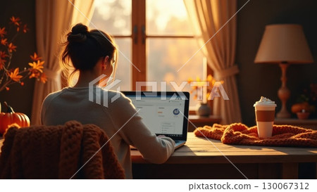 Person working in cozy autumn home office, back view Person working in cozy autumn home office, back view 130067312