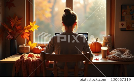 Person working in cozy autumn home office, back view Person working in cozy autumn home office, back view 130067319