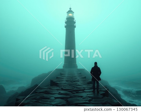 Eerie Lighthouse in Greenish Fog with Silhouetted Figures Eerie Lighthouse in Greenish Fog with Silhouetted Figures 130067345