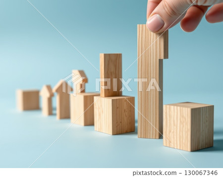 Hand Stacking Wooden Blocks with Upward Arrows 130067346