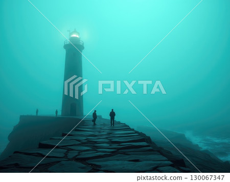 Eerie Lighthouse in Greenish Fog with Silhouetted Figures 130067347