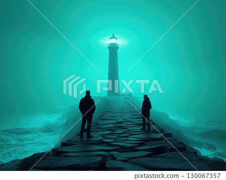 Eerie Lighthouse in Greenish Fog with Silhouetted Figures Eerie Lighthouse in Greenish Fog with Silhouetted Figures 130067357