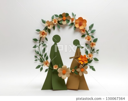 Earthy Paper-Cut Abstract Figures with Floral Art 130067364