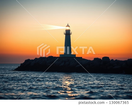 Powerful Lighthouse Beam at Golden Sunset or Sunrise 130067365