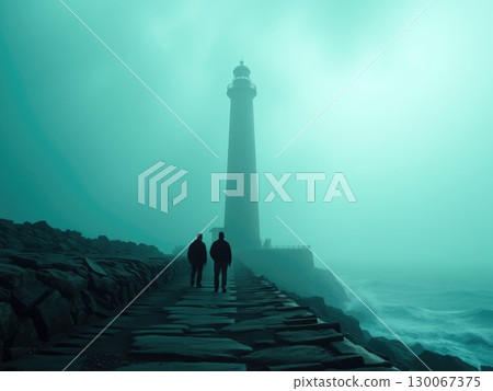 Eerie Lighthouse in Greenish Fog with Silhouetted Figures 130067375