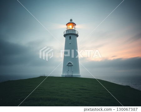 Lighthouse Beam at Tranquil Dusk or Dawn 130067387