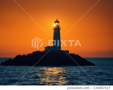 Powerful Lighthouse Beam at Golden Sunset or Sunrise Powerful Lighthouse Beam at Golden Sunset or Sunrise 130067427