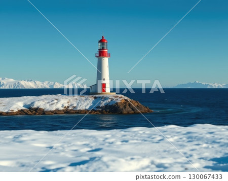 Snowy Coastal Lighthouse on a Winter Day 130067433
