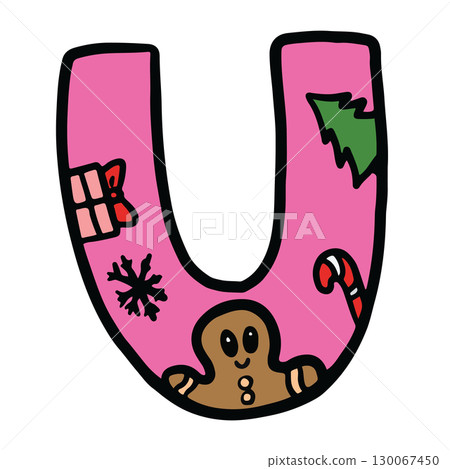 Hand drawn Christmas design of alphabet letter U with Christmas tree, gingerbread man, marshmallow, candy cane for festive font, typography, winter season, campaign badge, initial, name, calligraphy 130067450