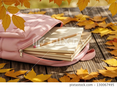 Backpack Ready for School: Notebooks and Fall Leaves Backpack Ready for School: Notebooks and Fall Leaves 130067495