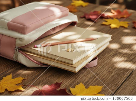 Backpack Ready for School: Notebooks and Fall Leaves Backpack Ready for School: Notebooks and Fall Leaves 130067503