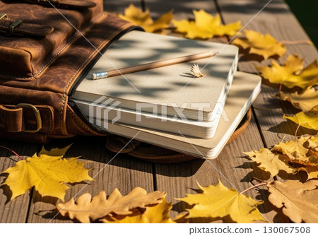 Backpack Ready for School: Notebooks and Fall Leaves 130067508