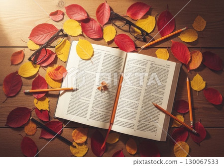 Autumn Study Inspiration - Books and Fall Leaves 130067533