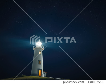 Starry Night Sky with Guiding Lighthouse Beam 130067543
