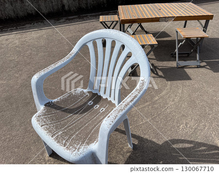 Sakurajima volcanic ash piled up on a chair Sakurajima volcanic ash piled up on a chair 130067710