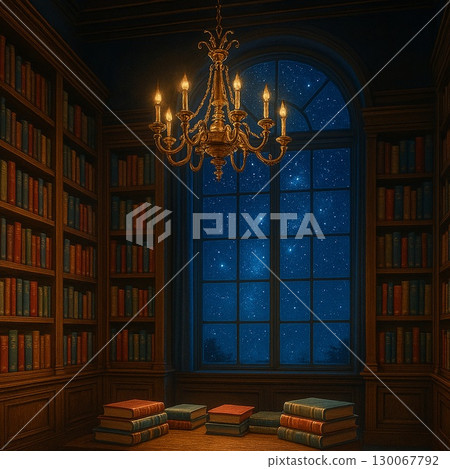 A fantastical library at night lit by chandeliers 130067792