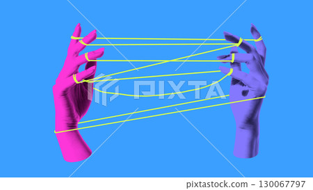 Collage of two hands tied with string pattern symbol of play communication and complexity Collage of two hands tied with string pattern symbol of play communication and complexity 130067797