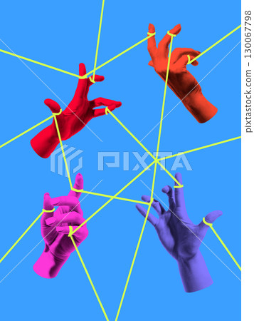 Colorful collage. Multiple hands connected by strings symbol of network collaboration and complexity Colorful collage. Multiple hands connected by strings symbol of network collaboration and complexity 130067798