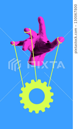 Surreal collage. Hand controlling gear with strings symbol of manipulation strategy and power 130067800