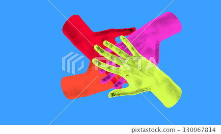 Minimalist collage. Colorful teamwork hands joining together in unity symbol of collaboration 130067814