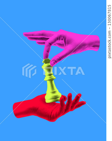 Graphic composition. Hands passing chess king symbol of strategy leadership and decision 130067815