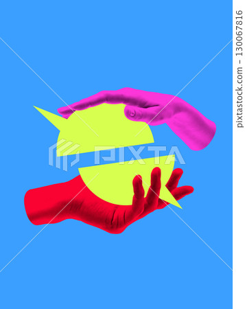 Digital artwork. Two hands holding split speech bubble symbol of dialogue and support 130067816