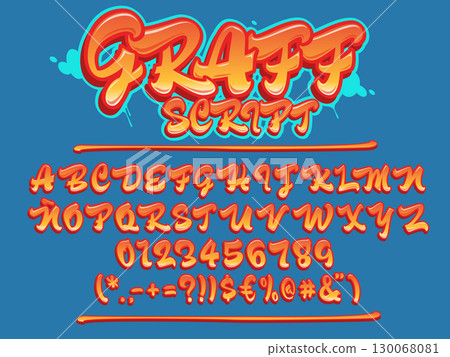 Graffiti script font. Uppercase  lettering typeface. Vector alphabet, numbers and glyphs. 130068081