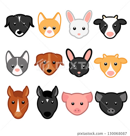 Kawaii cute farm animals illustration set. Dogs, cats, cows, rabbits, horses and pigs. 130068087