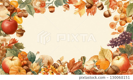 Autumn fruits, nuts and autumn leaves frame illustration Autumn fruits, nuts and autumn leaves frame illustration 130068151