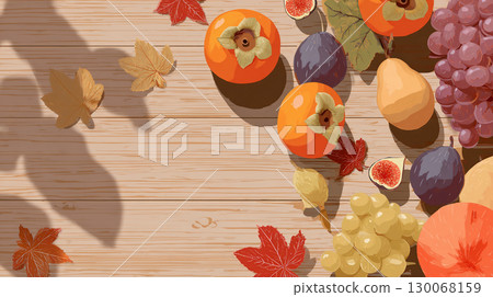Autumn fruits and wooden table background illustration Autumn fruits and wooden table background illustration 130068159