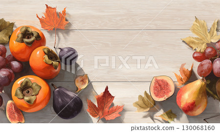 Illustration of autumn fruits and wood grain background 130068160