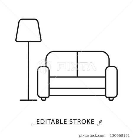 Lounge line icon with editable stroke. Vector outline of sofa and floor lamp. Minimalist symbol for hotel lobby, relaxation area, interior, comfort, living room, hospitality and leisure design. Lounge line icon with editable stroke. Vector outline of sofa and floor lamp. Minimalist symbol for hotel lobby, relaxation area, interior, comfort, living room, hospitality and leisure design. 130068191
