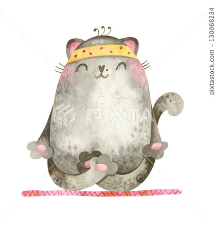 Yoga Cat. Cute meditator character in lotus asana. Mascot for sports goods, yoga courses. Watercolor hand drawn illustration. 130068284