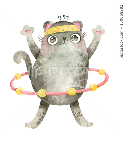 Fitness cat. Cute character spinning a sports hoop. Mascot for sports goods, fitness courses. Watercolor hand drawn illustration. Fitness cat. Cute character spinning a sports hoop. Mascot for sports goods, fitness courses. Watercolor hand drawn illustration. 130068292