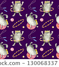 Seamless pattern with Fitness cats for sports goods.Cute characters are spinning a sports hoop, playing fitball. Watercolor illustrations on dark background. 130068337