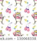 Seamless pattern with Boxer cats for sports goods. Cute character in boxing gloves. Watercolor illustrations 130068338