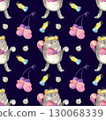 Seamless pattern with Boxer cats for sports goods. Cute character in boxing gloves. Watercolor illustrations on dark background. 130068339
