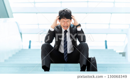 A worried male businessman holding his head A worried male businessman holding his head 130068349