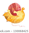 Cat playing with yarn ball. Cute playful kitten character. Cozy postcard.  Mascot of Goods for pets . Watercolor hand drawn illustration. 130068425