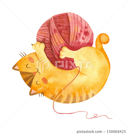 Cat playing with yarn ball. Cute playful kitten character. Cozy postcard.  Mascot of Goods for pets . Watercolor hand drawn illustration. 130068425