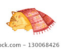 Cat sleeps under a knitted blanket. Cute kitten character.Winter postcard.  Mascot of Goods for pets. Watercolor hand drawn illustration. 130068426
