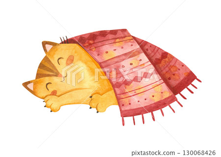 Cat sleeps under a knitted blanket. Cute kitten character.Winter postcard. Mascot of Goods for pets. Watercolor hand drawn illustration. Cat sleeps under a knitted blanket. Cute kitten character.Winter postcard. Mascot of Goods for pets. Watercolor hand drawn illustration. 130068426