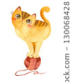 Cat playing with yarn ball. Cute playful kitten character.  Cozy postcard. Mascot of Goods for pets . Watercolor hand drawn illustration. 130068428