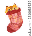 Cat hiding in woolen sock. Cute playful kitten Christmas character. Mascot of goods for pets . Winter postcard. Watercolor hand drawn illustration. 130068429