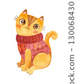 Cat in a knitted sweater. Cute kitten character. Mascot of goods for pets. Knitwear for cats. Winter postcard. Watercolor hand drawn illustration. 130068430