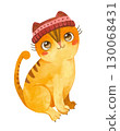 Cat in a knitted hat. Cute kitten character. Mascot of goods for pets. Knitwear for cats.Winter postcard.  Watercolor hand drawn illustration. 130068431