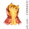 Cat in knitted plaid. Cute kitten character. Mascot of Goods for pets. Winter postcard. Knitwear for cats. Watercolor hand drawn illustration. 130068432
