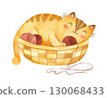 Adorable kitten sleeping in bascket with yarn balls. Cute kitten character. Winter postcard. Mascot of Goods for pets. Watercolor hand drawn illustration. 130068433
