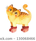 Cat in small knitted socks. Cute kitten character. Mascot of goods for pets. Knitwear for cats. Winter postcard. Watercolor hand drawn illustration. 130068466