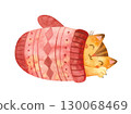 Cat sleeps in a large mitten. Cute kitten Christmas character. Winter postcard. Mascot of goods for pets. Watercolor hand drawn illustration. 130068469